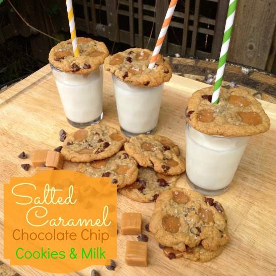 Salted Caramel Chocolate Chip Cookies with Paper Straws and Milk