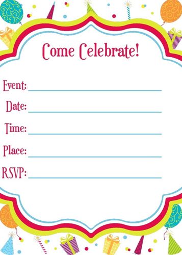 Printable Invitations 5 x 7- Happy Birthday Hats & Balloons