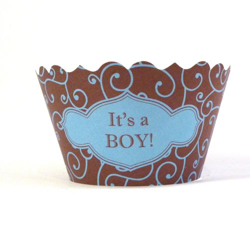 Baby Shower Cupcake Wrappers - It's a Boy! (Blue and Chocolate Brown) Includes 50