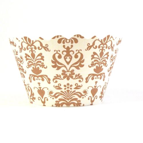 Cupcake wrappers - Lu Lu Damask- Gold / White Includes 12 Adjustable Cupcake Wraps