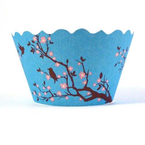 Cupcake wrappers - Meisha- Bird with Cherry Blossoms Includes 12 ADJUSTABLE