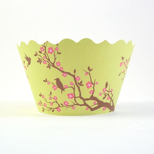 Cupcake wrappers - Meisha- Bird & Blossom (Green) Includes 50 ADJUSTABLE