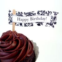 Cupcake Flag Picks - Happy Birthday (6pk) Damask Black