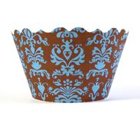 Cupcake wrappers - Lu Lu Damask- Blue / Chocolate Brown   Includes 12