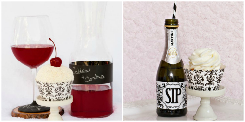 Cupcakes and Wine or Champagne Pairings with black damask cupcake wrapper